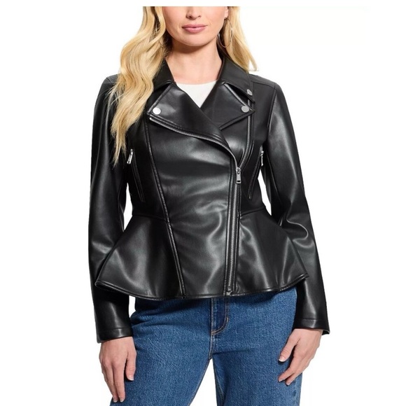 Guess by Marciano Jackets & Blazers - Guess by Marciano Black Faux Leather Peplum Moto Jacket